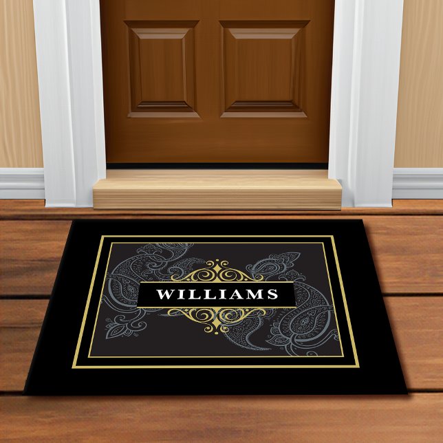 Elegant Black Gold Paisley Monogram Doormat (Creator Uploaded)