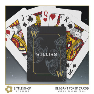 Elegant Black Gold Paisley Monogram Initial Name Playing Cards