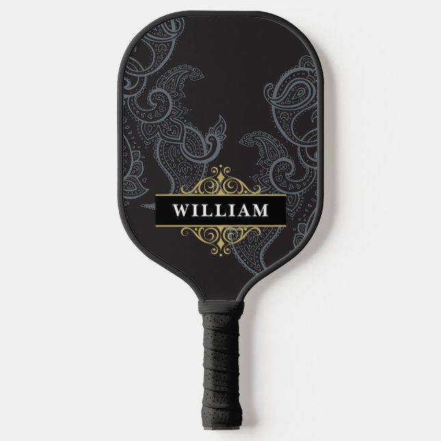 Elegant Black Gold Paisley Monogram Pickleball Paddle (Front)