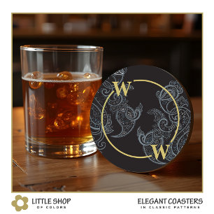 Elegant Black Gold Paisley Monogram Round Paper Coaster