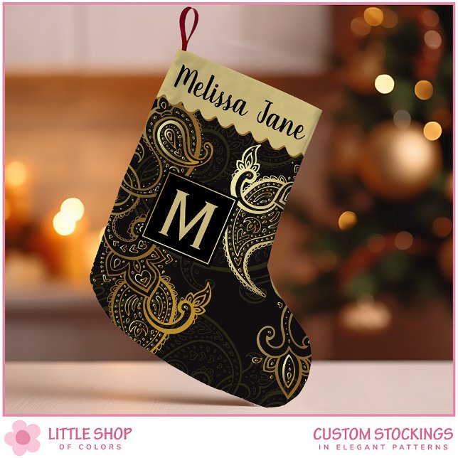 Elegant Black Gold Paisley Monogram Small Christmas Stocking (Creator Uploaded)