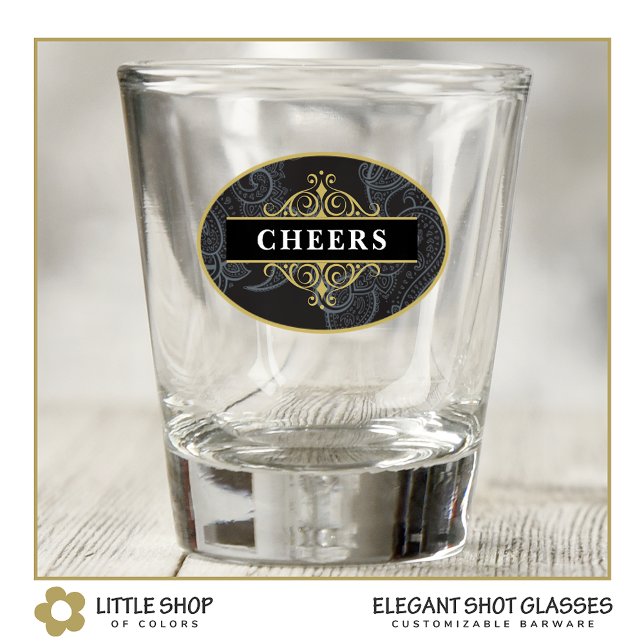 Elegant Black Gold Paisley Personalised Shot Glass (Creator Uploaded)