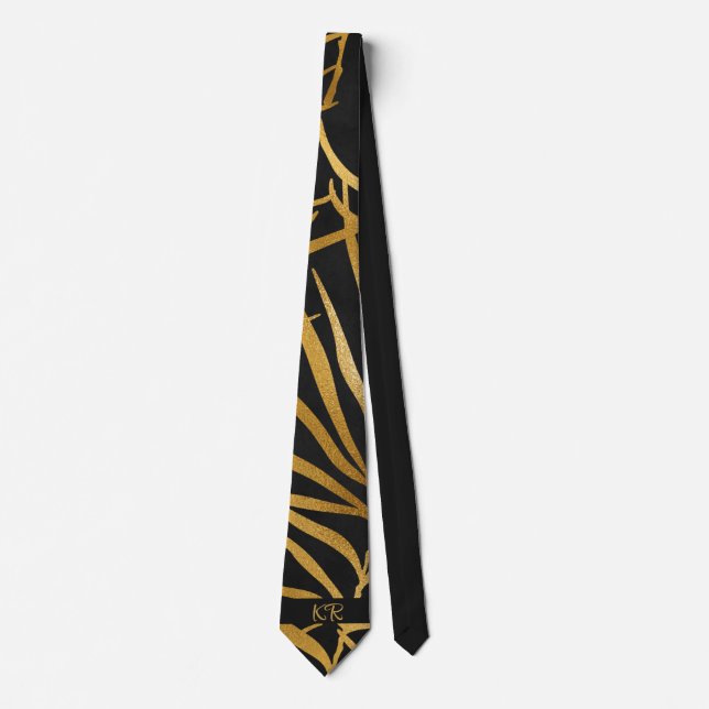 Elegant Black Gold Palm Leaf Pattern Initials Tie (Front)