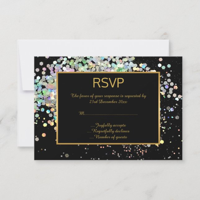 ELEGANT BLACK GOLD PASTEL HOLOGRAPHIC CUSTOM RSVP CARD (Front)