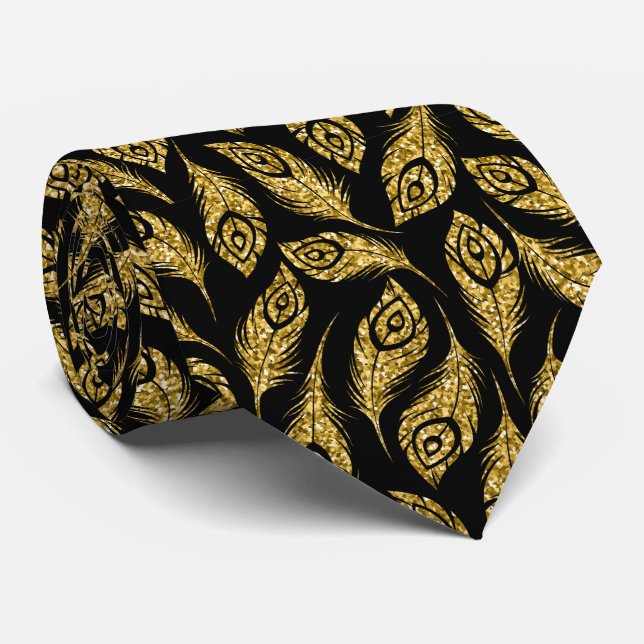 elegant black gold peacock feather pattern tie (Rolled)
