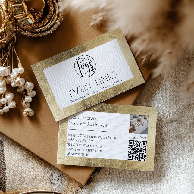 Elegant Black Gold Permanent Jewellery QR Code Business Card (Elegant Black Gold Permanent Jewelry QR Code Business Card)