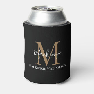 Elegant Black Gold Personalised Monogram Name Can Cooler