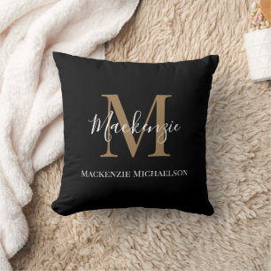 Elegant Black Gold Personalised Monogram Name   Cushion