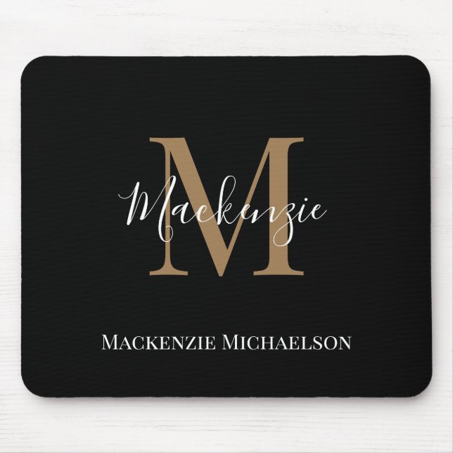 Elegant Black Gold Personalised Monogram Name  Mouse Pad (Front)