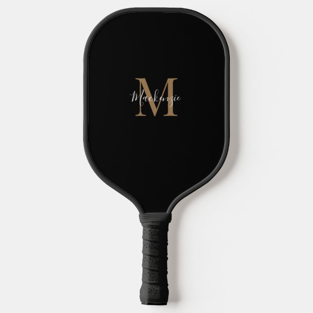 Elegant Black Gold Personalised Monogram Name  Pickleball Paddle (Back)
