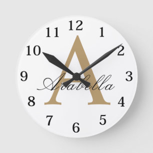 Elegant Black Gold Personalised Monogram Name Round Clock