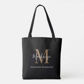 Elegant Black Gold Personalised Monogram Name Tote Bag