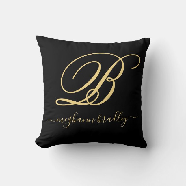  Elegant Black Gold Personalised Name Monogrammed  Cushion (Front)