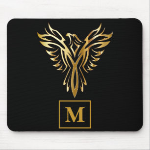 Elegant Black & Gold Phoenix Rising Monogram Mouse Pad