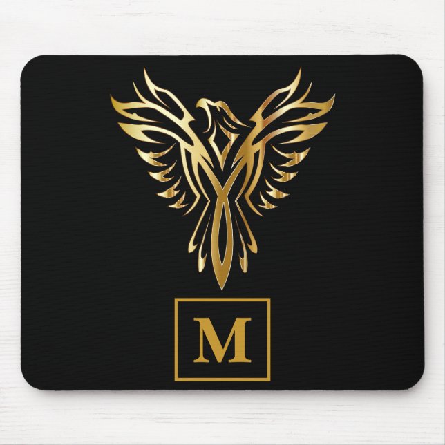 Elegant Black & Gold Phoenix Rising Monogram Mouse Pad (Front)