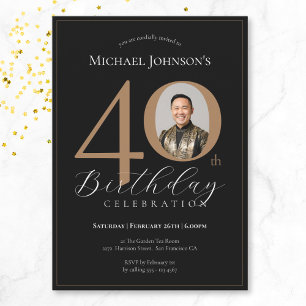 Elegant Black Gold Photo 40th Birthday Invitation