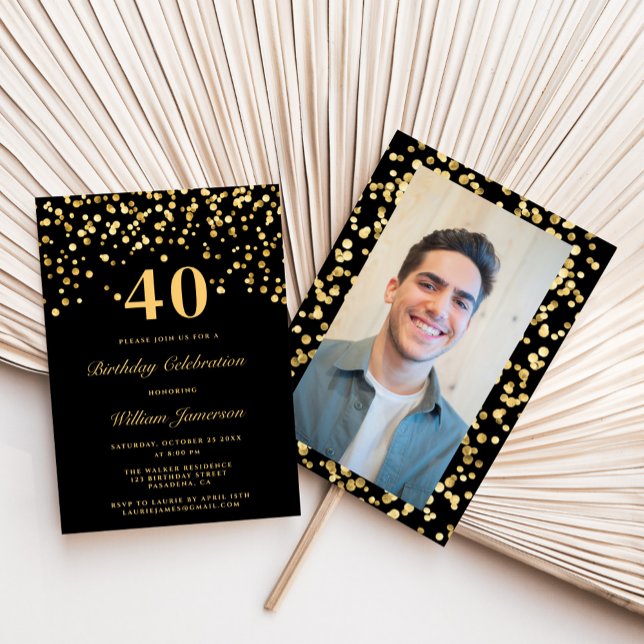 Elegant Black & Gold Photo 40th Birthday Party Invitation (Creator Uploaded)