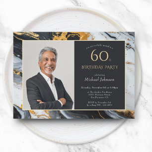 Elegant Black Gold Photo 60th Birthday Invitation
