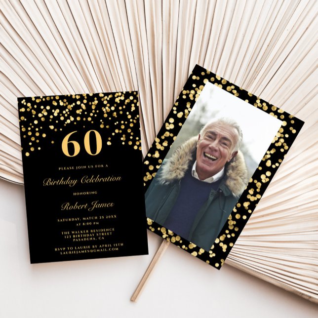 Elegant Black Gold Photo 60th Birthday Party  Invitation (Creator Uploaded)