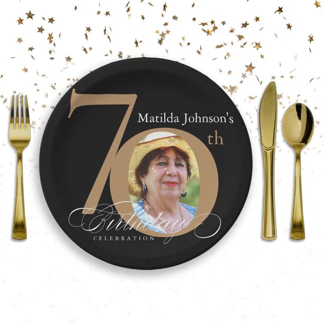 Elegant Black Gold Photo 70th Birthday Party Paper Plate (Creator Uploaded)