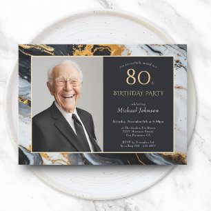 Elegant Black Gold Photo 80th Birthday Invitation