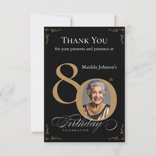 Elegant Black Gold Photo 80th Birthday Party Thank You Card (Front)