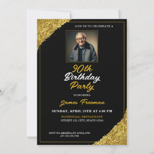 Elegant Black & Gold Photo 90th Birthday Invitation