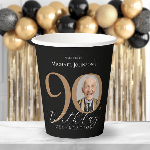 Elegant Black Gold Photo 90th Birthday Paper Cups