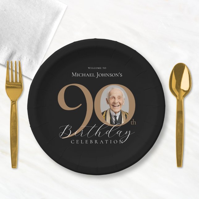Elegant Black Gold Photo 90th Birthday Party Paper Plate (Elegant Black Gold Photo 90th Birthday Party Paper Plates)