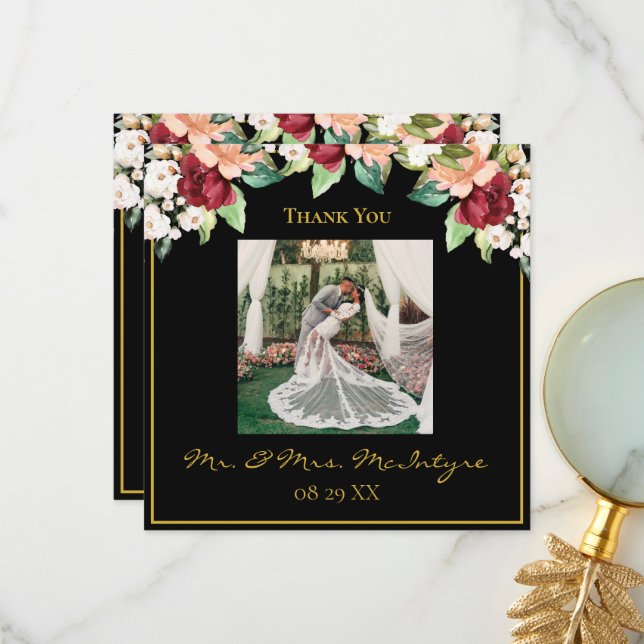 Elegant Black Gold Photo Burgundy Floral Photo Thank You Card (Front/Back In Situ)