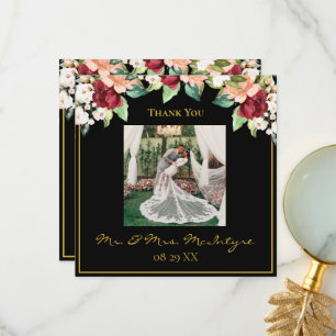 Elegant Black Gold Photo Burgundy Floral Photo Thank You Card