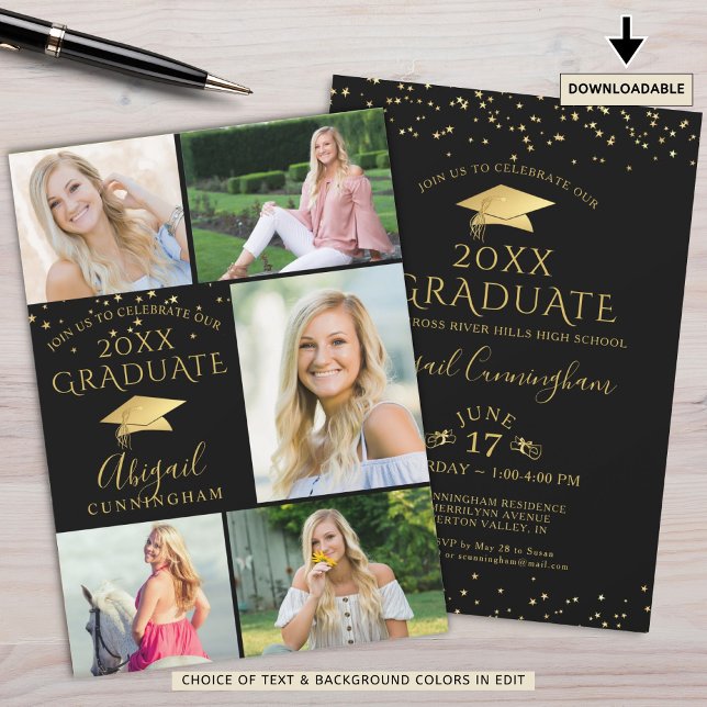 Elegant Black Gold Photo Collage Graduate Invitation (Creator Uploaded)