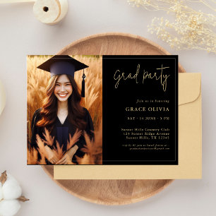 Elegant Black & Gold Photo Grad Party invitation