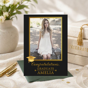 Elegant Black Gold Photo Graduation Congratulation Card