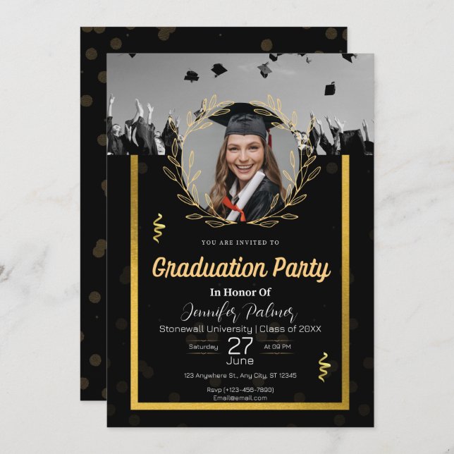  Elegant Black Gold Photo Graduation Invitation (Front/Back)