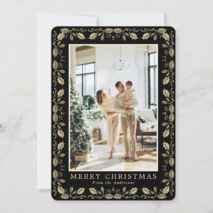 Elegant Black Gold Photo Merry Christmas Card