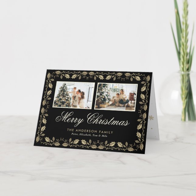 Elegant Black Gold Photo Merry Christmas Folded Holiday Card (Front)