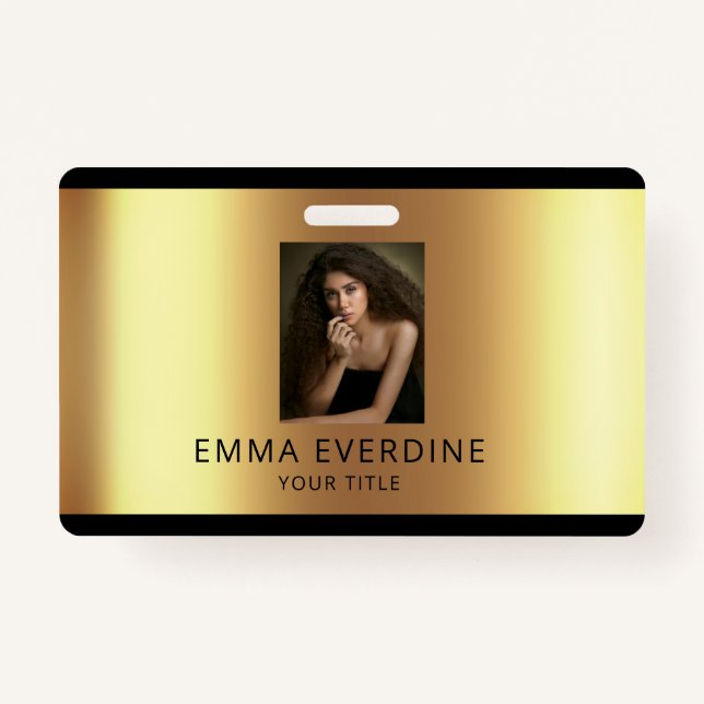 Elegant Black Gold Photo Name Title  ID Badge (Front)