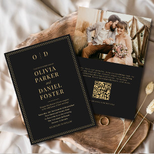 Elegant Black Gold Photo QR Code Wedding Invitation