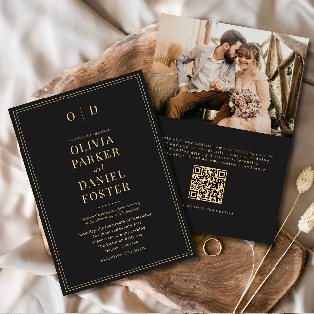 Elegant Black Gold Photo QR Code Wedding Invitation (Creator Uploaded)