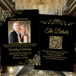 Elegant Black & Gold Photo & QR Code Wedding Invitation