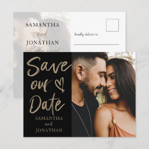 Elegant Black Gold Photo Save our Date Wedding  Announcement Postcard