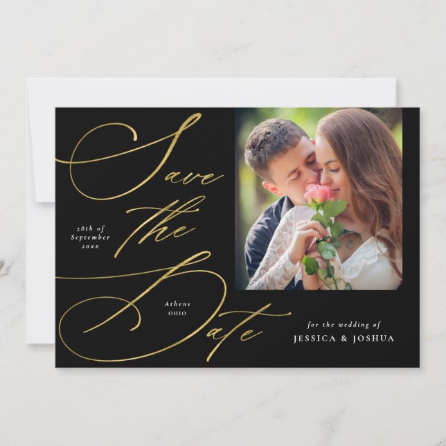 Elegant Black & Gold Photo Save the Date Invitation (Front)