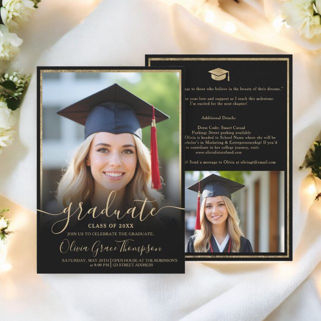 Elegant Black Gold Photo Script Graduation Invitation (Elegant Black Gold Photo Script Graduation Invitation)