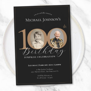 Elegant Black Gold Photo Surprise 100th Birthday Invitation