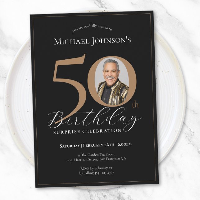 Elegant Black Gold Photo Surprise 50th Birthday Invitation (Elegant Black Gold Photo Surprise 50th Birthday Invitation)