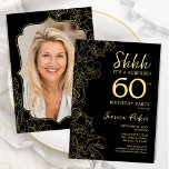 Elegant Black Gold Photo Surprise 60th Birthday Invitation<br><div class="desc">Elegant black and gold surprise 60th birthday party invitation with your photo on the back of the card. Trendy modern feminine design features botanical accents and typography script font. Simple floral invite card perfect for a stylish female surprise bday celebration. Can be customised to any age. Printed Zazzle invitations or...</div>