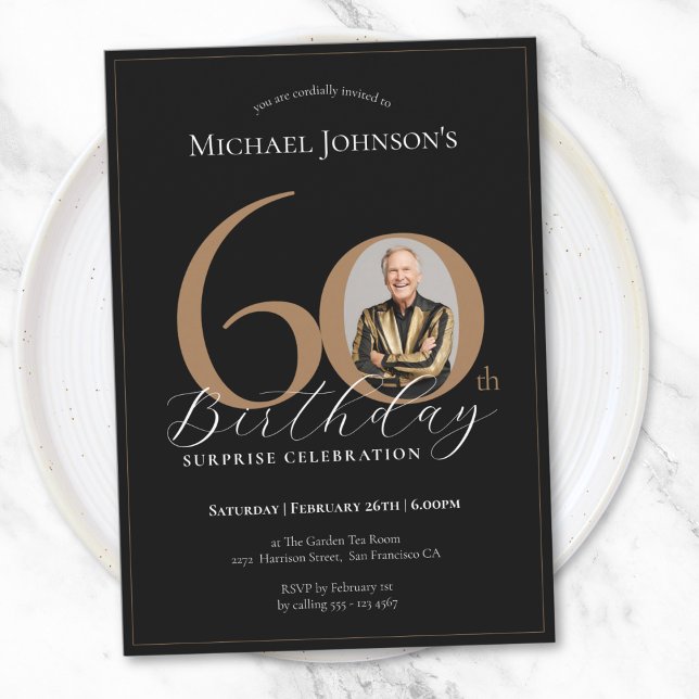 Elegant Black Gold Photo Surprise 60th Birthday Invitation (Elegant Black Gold Photo Surprise 60th Birthday Invitation)