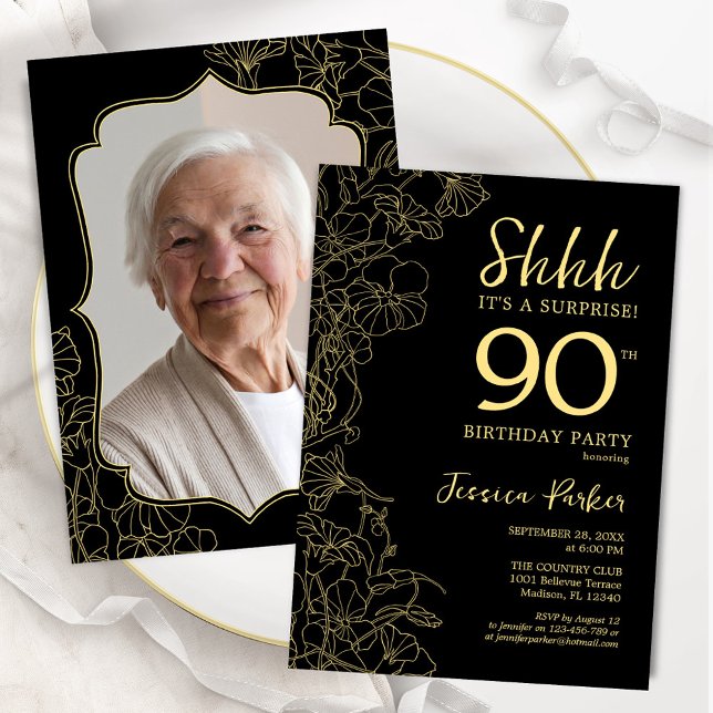 Elegant Black Gold Photo Surprise 90th Birthday Invitation (Creator Uploaded)