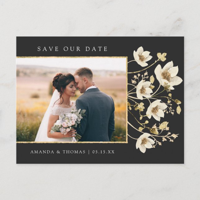 Elegant Black Gold Photo Wedding Save The Date Announcement Postcard (Front)